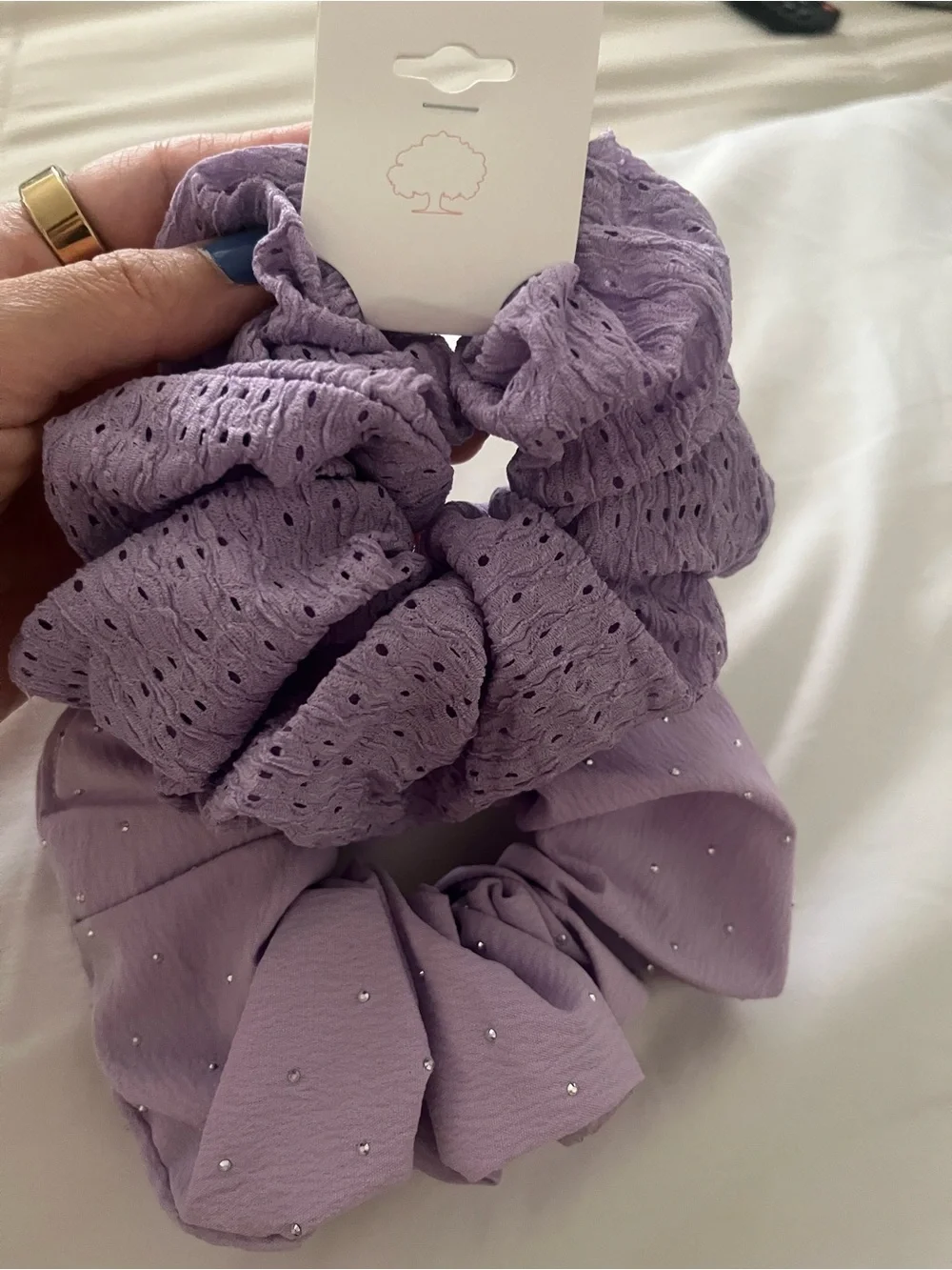 Lilac Women's Hair Scrunchie Duo with Textured and Embellished Styles